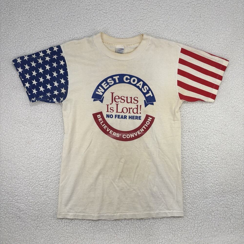 Vtg West Coast Believers Jesus Is Lord T-shirt Single Stitch M USA Flag AOP God
